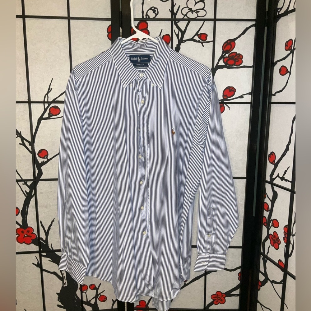 Ralph Lauren Mens Navy Blue Striped 16 1/2-34 Yarmouth Business Dress Shirt